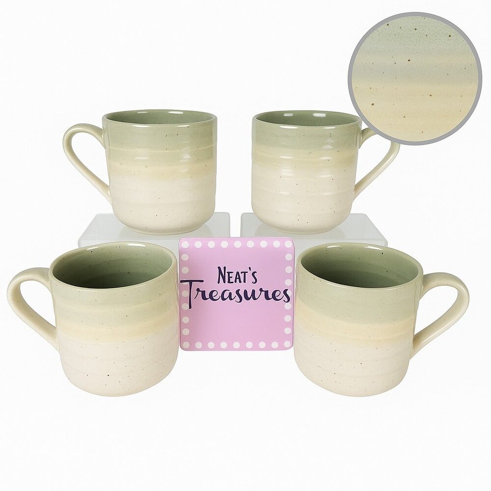 Baum Brothers HEARTH Seafoam Sponge Speckle Beige 15oz Stoneware Cups Mugs Set 4